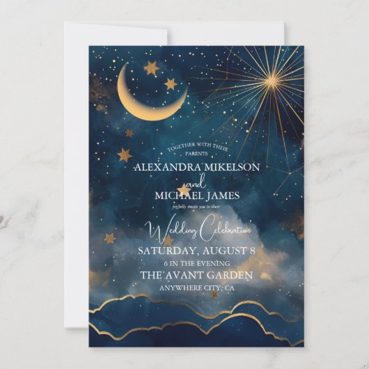 Celestial Midnight Blue Stars Moon Wedding Einladung (Vorderseite)