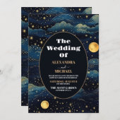 Celestial Midnight Blue Stars Moon Wedding Einladung (Vorne/Hinten)