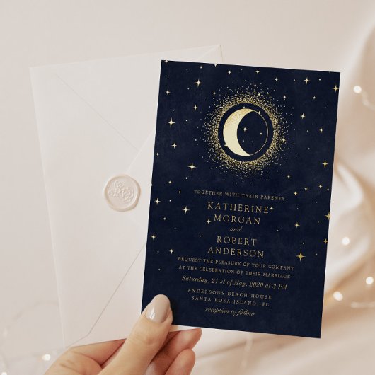 Celestial Midnight Blue Stars Moon Wedding Folieneinladung