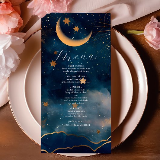 Celestial Midnight Blue Stars Moon Wedding Menükarte