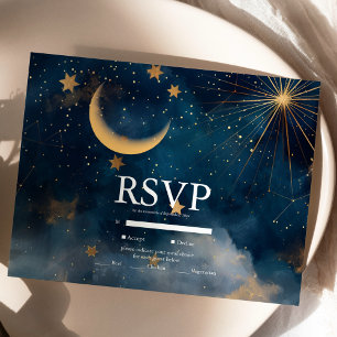 Celestial Midnight Blue Stars Moon Wedding RSVP Karte