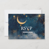Celestial Midnight Blue Stars Moon Wedding RSVP Karte (Vorderseite)