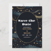 Celestial Midnight Blue Stars Moon Wedding Save The Date (Vorderseite)