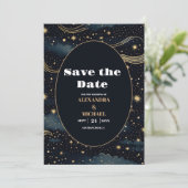 Celestial Midnight Blue Stars Moon Wedding Save The Date (Stehend Vorderseite)