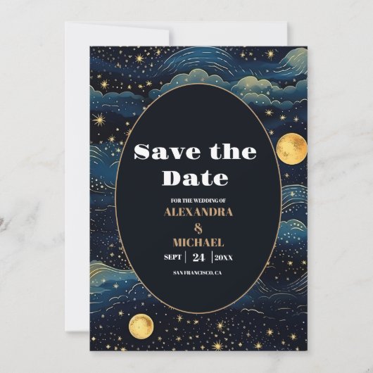Celestial Midnight Blue Stars Moon Wedding Save The Date (Vorderseite)
