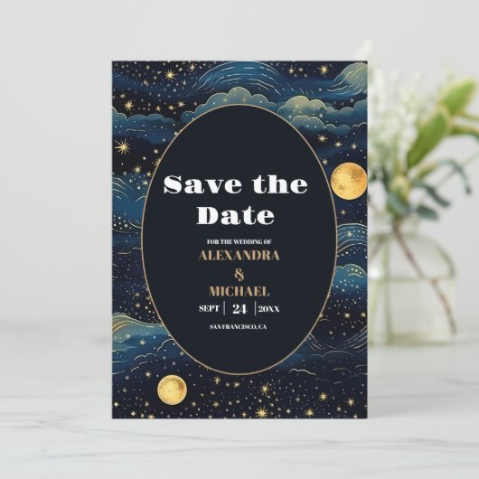 Celestial Midnight Blue Stars Moon Wedding Save The Date (Stehend Vorderseite)