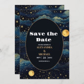 Celestial Midnight Blue Stars Moon Wedding Save The Date (Vorne/Hinten)