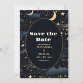 Celestial Midnight Blue Stars Moon Wedding Save The Date (Vorderseite)
