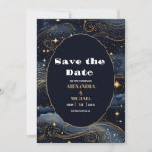 Celestial Midnight Blue Stars Moon Wedding Save The Date (Vorderseite)