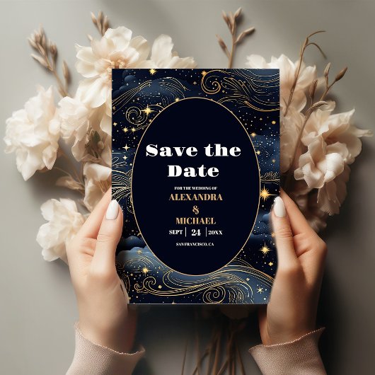 Celestial Midnight Blue Stars Moon Wedding Save The Date
