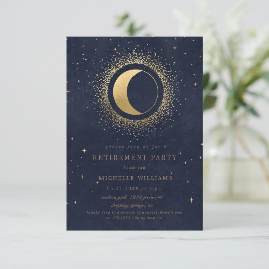 Celestial Midnight Blue Stars Retirement Party Einladung (Stehend Vorderseite)