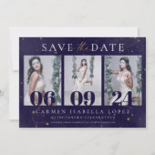 Celestial Midnight Blue und Gold Quinceanera Save The Date (Vorderseite)