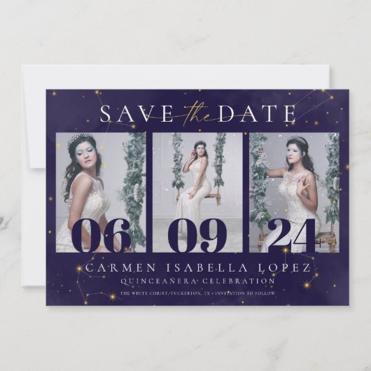 Celestial Midnight Blue und Gold Quinceanera Save The Date (Vorderseite)
