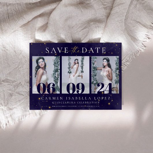 Celestial Midnight Blue und Gold Quinceanera Save The Date