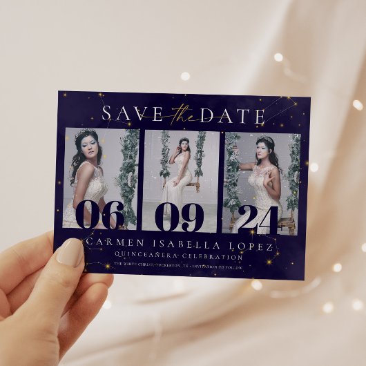 Celestial Midnight Blue und Gold Quinceanera Save The Date