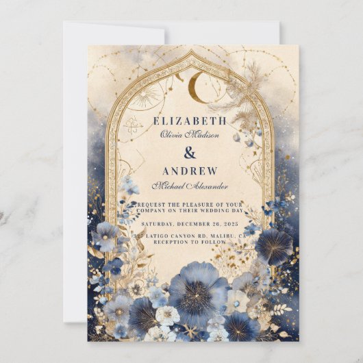 Celestial Midnight Blue und Gold Wedding Einladung (Vorderseite)