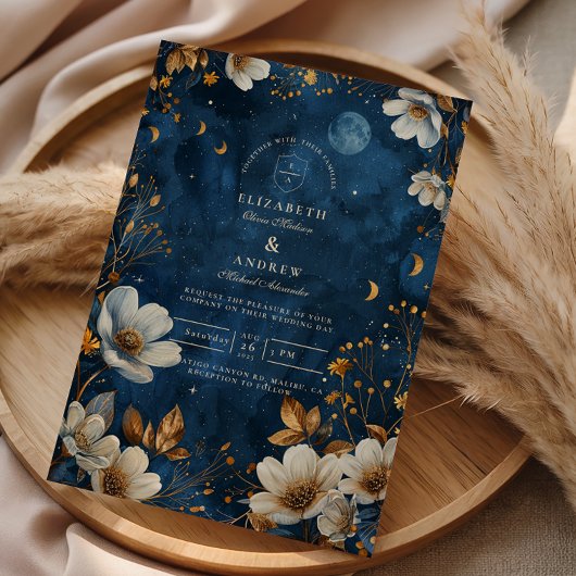 Celestial Midnight Floral Wedding Einladung