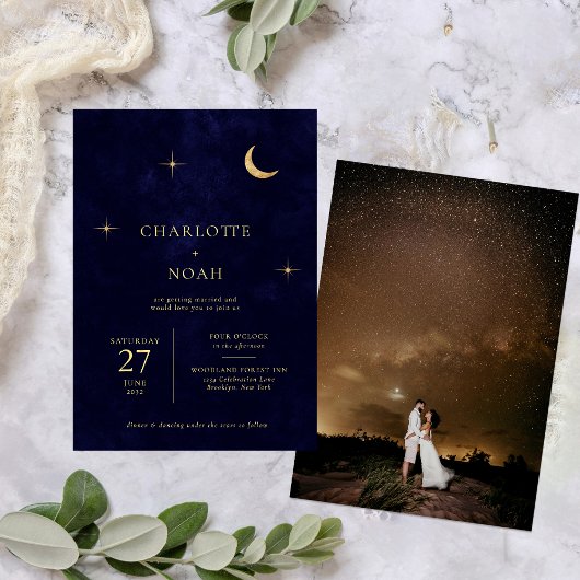 Celestial Midnight Gold Moon Stars Foto Wedding Einladung