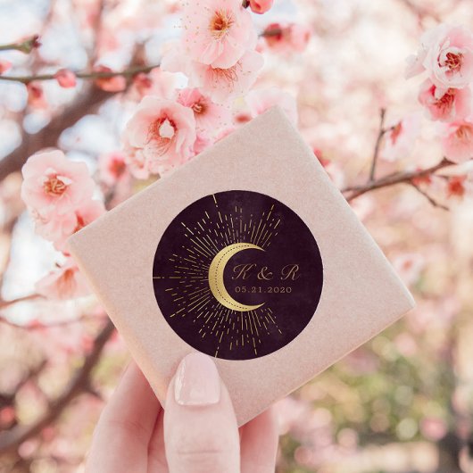 Celestial Midnight Gold Moon Wedding Runder Aufkleber