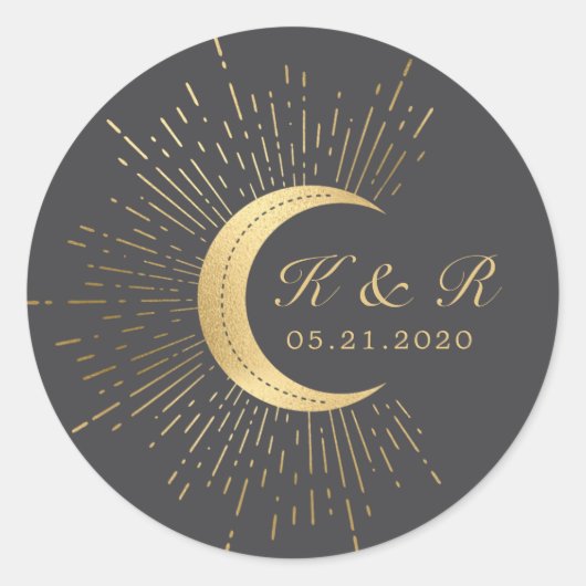 Celestial Midnight Gold Moon Wedding Runder Aufkleber (Vorderseite)