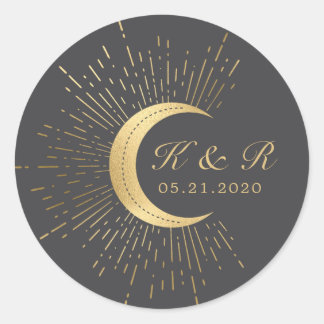 Celestial Midnight Gold Moon Wedding Runder Aufkleber