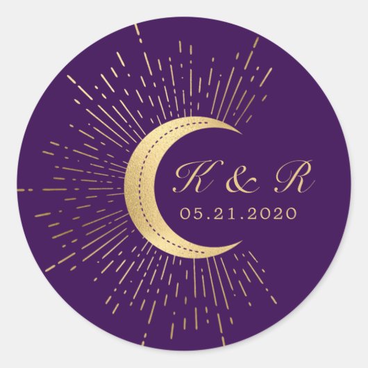 Celestial Midnight Gold Moon Wedding Runder Aufkleber (Vorderseite)