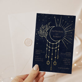 Celestial Midnight Gold Stars Moon Wedding Folieneinladung