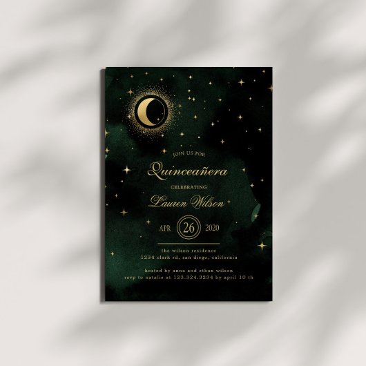 Celestial Midnight Green Gold Stars Quinceanera Einladung
