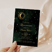 Celestial Midnight Green Gold Stars Quinceanera Einladung