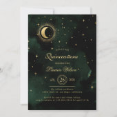 Celestial Midnight Green Gold Stars Quinceanera Einladung (Vorderseite)