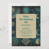 Celestial Midnight Green Gold Stars Wedding Einladung (Vorderseite)