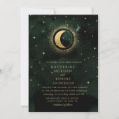 Celestial Midnight Green Stars Moon Wedding Einladung (Vorderseite)