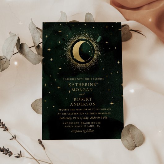 Celestial Midnight Green Stars Moon Wedding Einladung