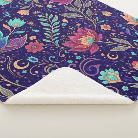 Celestial Midnight Lotus Floral Pattern Blanket Sherpadecke (3/4)