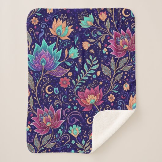 Celestial Midnight Lotus Floral Pattern Blanket Sherpadecke (Vorderseite)