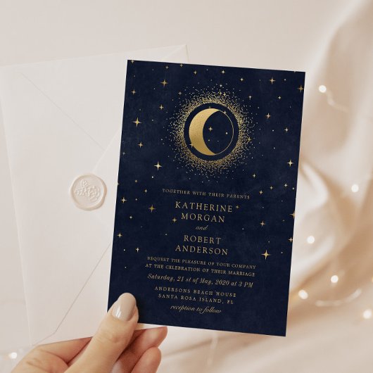 Celestial Midnight Stars Budget Foto Wedding Einladung