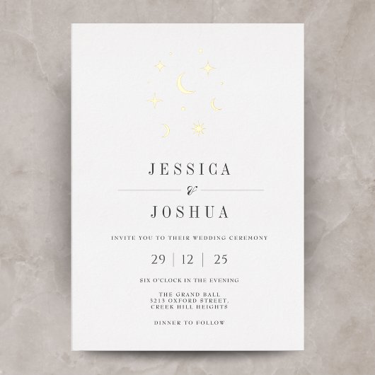 Celestial Minimalistisch Star Moon Elegante Folieneinladung