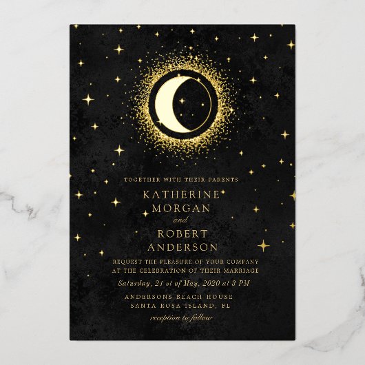Celestial Mitternacht Black Stars Moon Wedding Folieneinladung (Vorderseite)