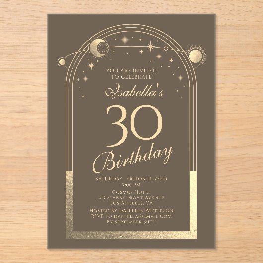 Celestial Mocha Gold Sun Moon Stars 30. Acryleinladungen (Vorderseite)