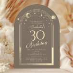 Celestial Mocha Gold Sun Moon Stars 30. Einladung<br><div class="desc">Celestial Mocha Gold Sun Moon Astronomie 30. Geburtstag Einladungen bietet eine elegante goldene Sonne, Mond und Sterne mit einem goldenen Rahmen auf einem Mochahintergrund. Im Inneren ist Ihre individuelle Einladung zum dreißigsten Geburtstag Informationen. Personalisieren Sie den Text in den Textfeldern, indem Sie ihn bearbeiten. Für Sie entworfen von Evco Studio...</div>