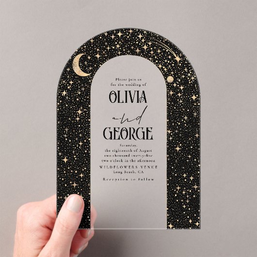 Celestial Modern Black Gold Wedding Arch Acryleinladungen (Insitu (Handheld))