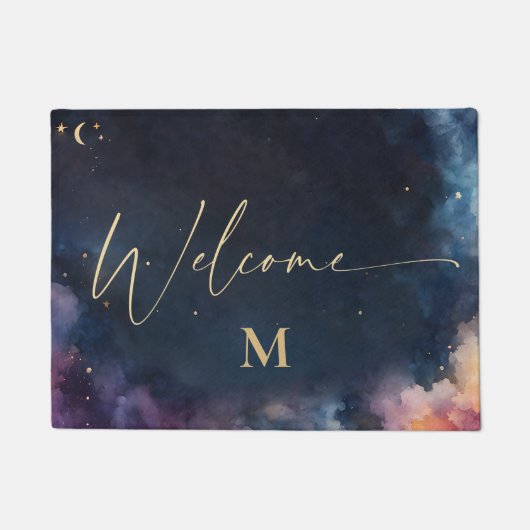 Celestial Monogram Blue Gold Galaxy Sky Willkommen Fußmatte (Vorderseite)