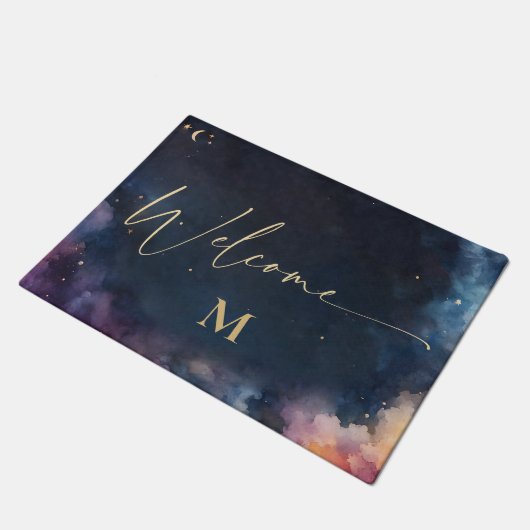 Celestial Monogram Blue Gold Galaxy Sky Willkommen Fußmatte (Schrägansicht)
