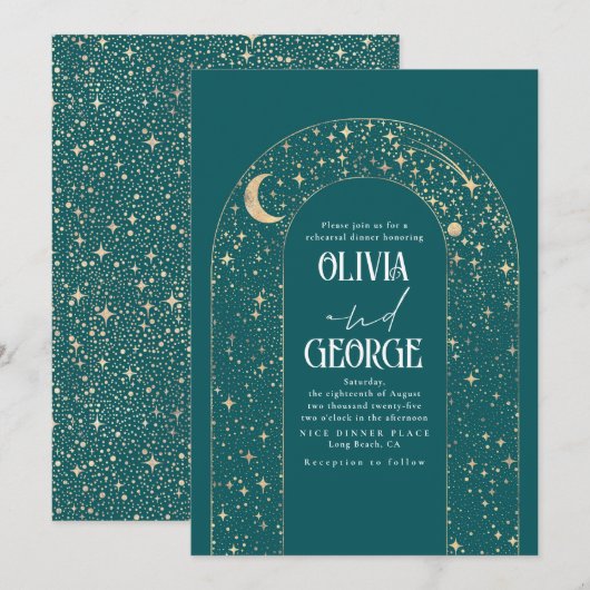 Celestial Moon and Stars Aquamarine Probe Abendess Einladung (Vorne/Hinten)