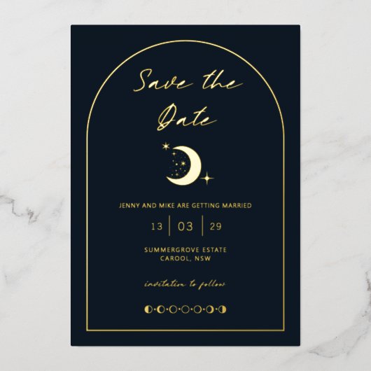 Celestial Moon and Stars Arch Save the Date Folieneinladung (Vorderseite)