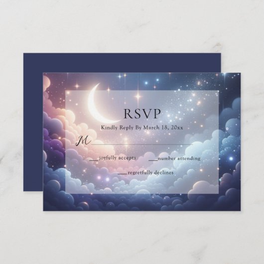 Celestial Moon and Stars Blue Wedding RSVP Karte (Vorne/Hinten)