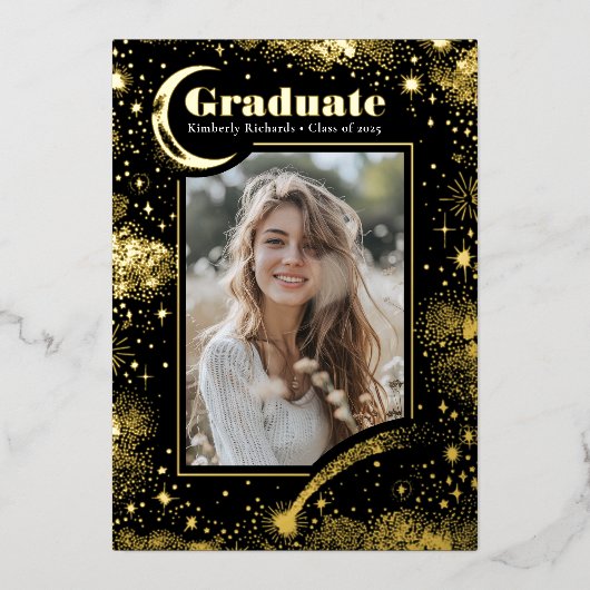 Celestial Moon and Stars Graduate Foto Abschluss Folieneinladung (Vorderseite)