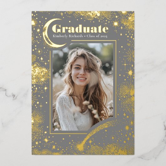 Celestial Moon and Stars Graduate Foto Abschluss Folieneinladung (Vorderseite)