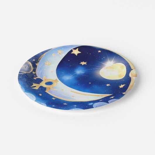Celestial Moon and Stars Theme Boy Baby Dusche Pappteller (Schrägansicht)