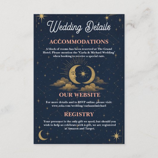 Celestial Moon and Stars Wedding Details Enclosure Begleitkarte (Vorderseite)